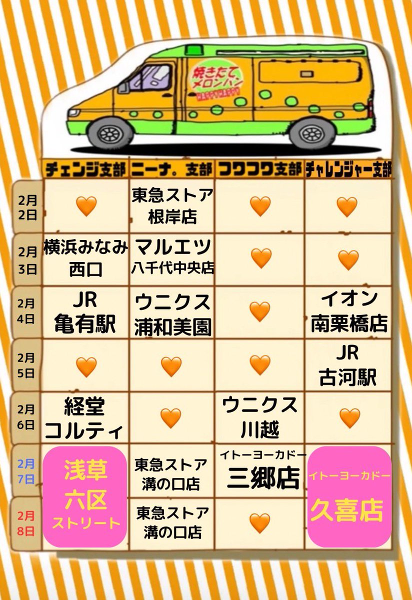 🚚今週の出店情報🚚 2/2(月)〜2/8（日) 🧡＝お休み 今週もよろしく