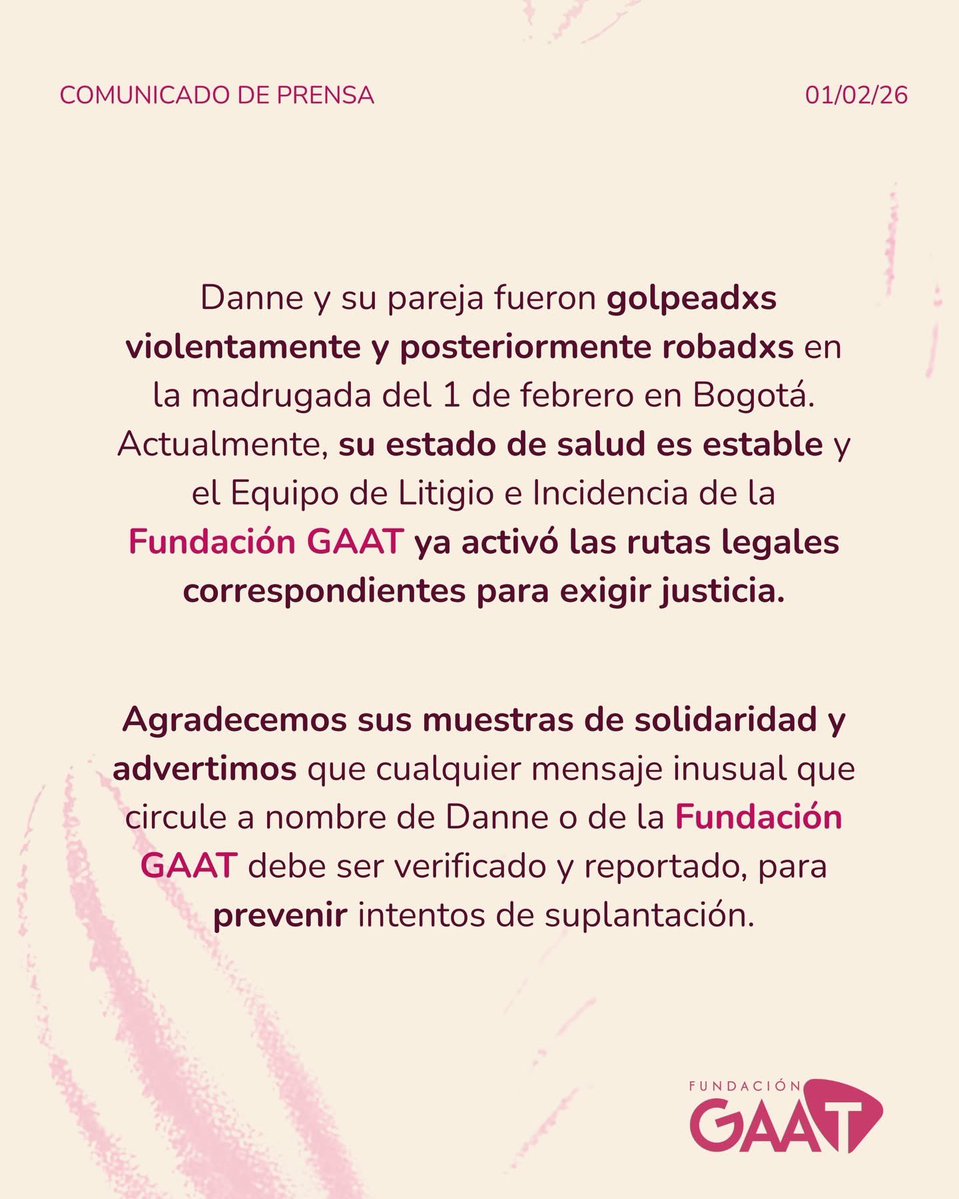 Expresamos nuestra más sentida voz de rechazo al ataque transfobico del cual fue víctima <a href="/DanneBelmont/">🏳️‍⚧️ Danne Aro Belmont 🪻#NadaQueCurar</a> directora de <a href="/FundacionGAAT/">Fundación GAAT 🏳️‍⚧️</a> e instamos a las autoridades locales y nacionales acompañar el caso y  que se investigue y sancione a los responsables.  <a href="/MinIgualdad_Col/">Ministerio de Igualdad y Equidad de Colombia</a>