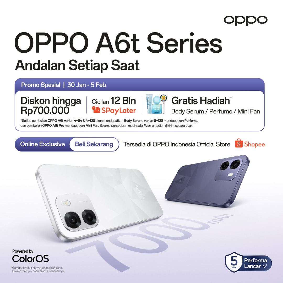 OPPOIndonesia's tweet photo. Diskon spesial buat andalan harian kamu! ✨

#OPPOA6t Series hadir dengan diskon hingga Rp700.000, cicilan 12 bulan, dan promo menarik lainnya.

Beli smartphone #AndalanSetiapSaat di OPPO Indonesia Official Store di @ShopeeID! 🛒 https://t.co/7GnyBziDCj