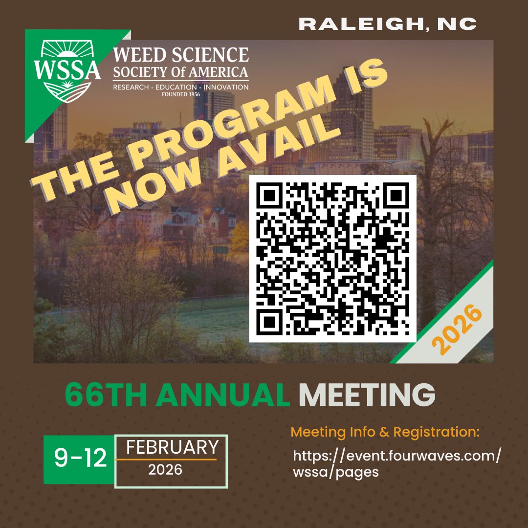 WorldofWeeds's tweet photo. 📣 It's almost here - #WSSA2026!  And the Program is now available!  We have a variety of presentations, posters, networking events, and more!  See you in Raleigh!

🔗: https://t.co/CSaK67L1L5

#WSSA #weedscience #invasiveplants https://t.co/ryaNP1OY9A