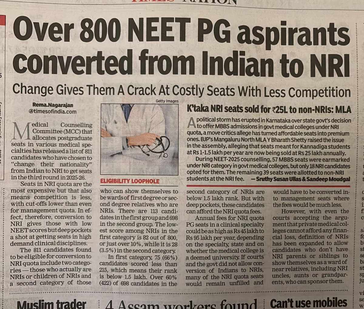 VigneshAnand_Vm's tweet photo. #BanNeet

சமீபத்திய NEET PG 2025-26 சேர்க்கையில் சுமார் 811 இந்திய மாணவர்கள், தங்களது குடியுரிமையை "இந்தியர்" என்பதிலிருந்து "NRI" (வெளிநாடு வாழ் இந்தியர்) என மாற்றியுள்ளனர். 

சட்டத்தில் உள்ள ஒரு நுணுக்கமான ஓட்டையைப் பயன்படுத்தி இந்த மாற்றம் நடக்கிறது. உச்ச நீதிமன்றத்தின் ஒரு தீர்ப்பின்படி, ஒரு மாணவர் நேரடியாக வெளிநாட்டில் வசிக்கத் தேவையில்லை. அவரது ரத்த உறவுகள் (பெரியப்பா, சித்தப்பா, அத்தை அல்லது தாத்தா, பாட்டி) யாராவது வெளிநாட்டில் இருந்து, அவர்கள் அந்த மாணவரின் படிப்புச் செலவை ஏற்பதாக உறுதி அளித்தால் (Ward of NRI), அந்த மாணவர் NRI ஒதுக்கீட்டிற்கு தகுதியுடையவர் ஆகிறார்.

811 மாணவர்கள் தங்களை NRI ஆக மாற்ற விண்ணப்பித்துள்ளனர், இவர்களில் 698 பேர் தங்களது உறவினர்களைக் காட்டி இந்தச் சலுகையைப் பெற்றுள��ளனர். 

மிகக் குறைந்த மதிப்பெண் எடுத்த மாணவர்களே இந்த வழியைத் தேர்ந்தெடுக்கின்றனர். உதாரணமாக, 800-க்கு வெறும் 28 மதிப்பெண்கள் (3.5%) எடுத்த மாணவர் கூட இந்த ஒதுக்கீட்டில் உயர் மருத்துவப் படிப்பில் சேர தகுதி பெற்றுள்ளார்.

மறுபுறம், 215 மதிப்பெண்களுக்குக் குறைவாக எடுத்த சுமார் 60% மாணவர்கள், NRI ஒதுக்கீடு எனும் ஏணி மூலம் முன்னணியில் உள்ள மருத்துவ இடங்களைக் கைப்பற்றுகின்றனர்.

சாதாரணப் பிரிவில் ஒரு இடத்தைப் பெற கடும் போட்டி நில���ும் சூழலில், NRI ஒதுக்கீட்டில் போட்டி மிகக் குறைவு. ஆனால் அதற்கான கட்டணம் மலைக்க வைக்கிறது:

தனியார் மற்றும் நிகர்நிலைப் பல்கலைக்கழகங்களில் ஆண்டுக்கு ₹45 லட்சம் முதல் ₹95 லட்சம் வரை கட்டணம் வசூலிக்கப்படுகிறது.