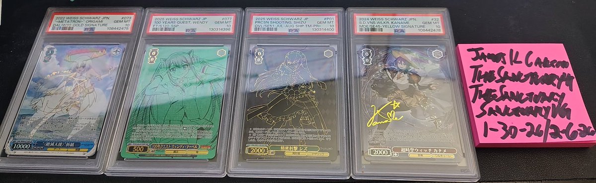 SanctuaryVG's tweet photo. @cardboardbst PSA 10 JP Metatron Origami SP $170 OBO 
PSA 10 JP Venus Walkure, Kaname SP $140  OBO
PSA 10 JP 100 Years Quest, Wendy SSP $350 OBO
PSA 10 JP Precision Shooting, Shizu July-August Tournament Promo SP+ $200  OBO
Free Shipping Over $100 In US.
DM or @ me if interested https://t.co/0xOGaNUMcU