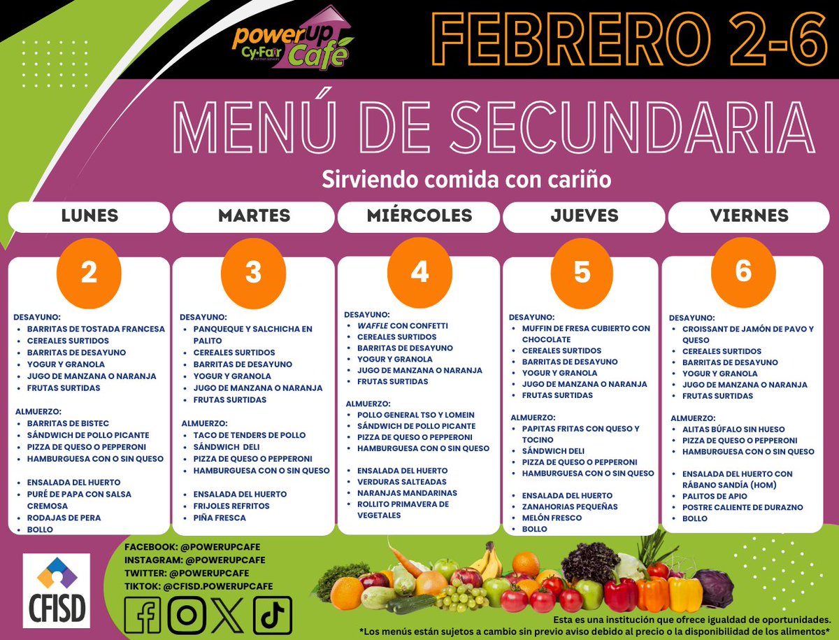 CFISDnoticias's tweet photo. .@CyFairISD Esperemos que la marmota Punxsutawney Phil no vea su sombra el lunes, ¡para que llegue pronto la primavera! ¡Vamos a poner en marcha al mes de febrero manteniéndonos calentitos con un excelente menú de desayunos y almuerzos! 
Para ver los menús completos, visiten nuestra página web: https://t.co/AR1RqLgwdB. @PowerUpCafe