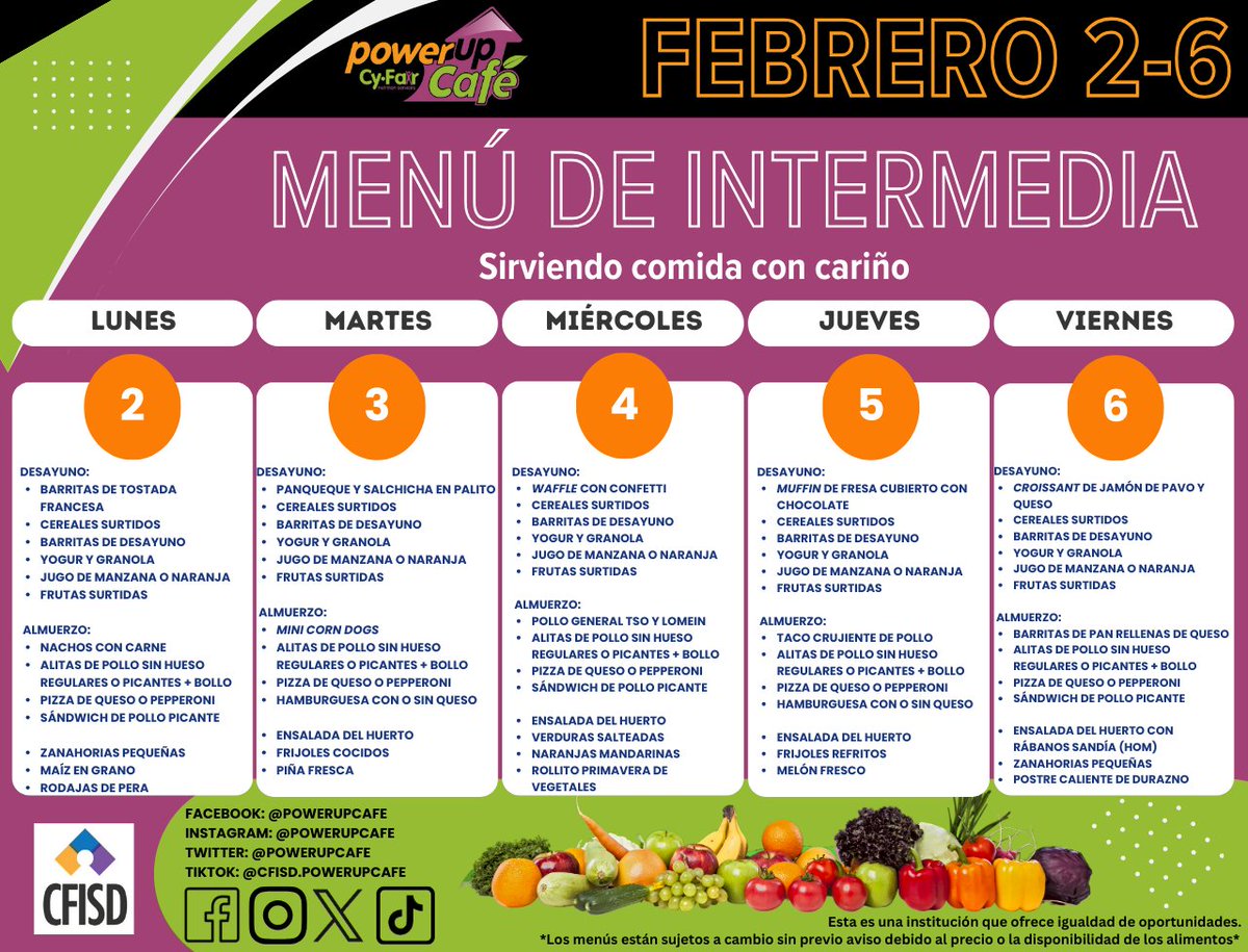 CFISDnoticias's tweet photo. .@CyFairISD Esperemos que la marmota Punxsutawney Phil no vea su sombra el lunes, ¡para que llegue pronto la primavera! ¡Vamos a poner en marcha al mes de febrero manteniéndonos calentitos con un excelente menú de desayunos y almuerzos! 
Para ver los menús completos, visiten nuestra página web: https://t.co/AR1RqLgwdB. @PowerUpCafe