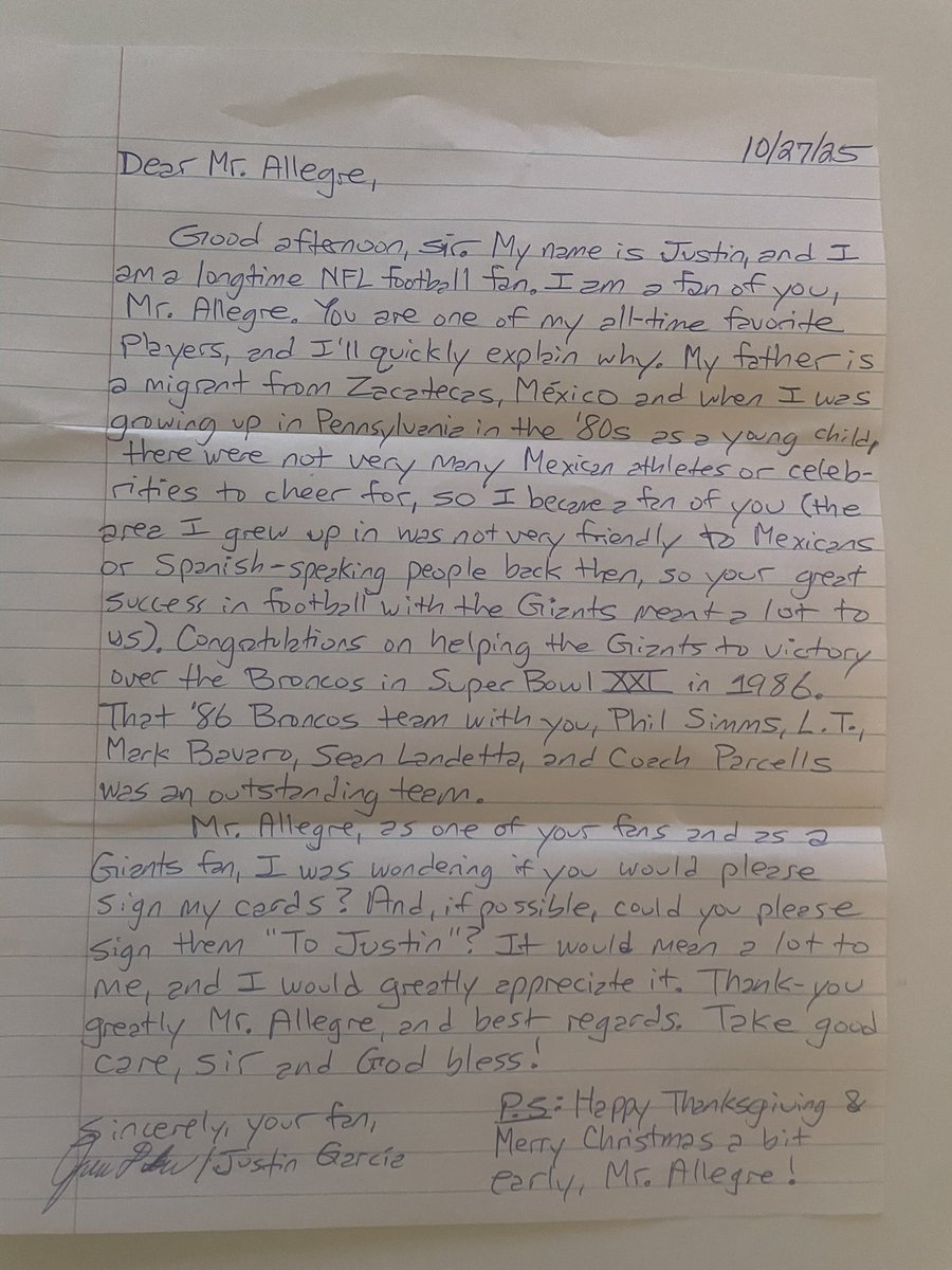 RaulAllegre's tweet photo. Han pasado 34 años desde el último juego que jugué en la NFL, pero sigo recibiendo correspondencia de fans, lo cual es un gran honor especialmente cuando recibo cartas como esta que aquí comparto que me alegran el día. Está en Inglés. Espero la puedan traducir. https://t.co/jQuccbNVcY
