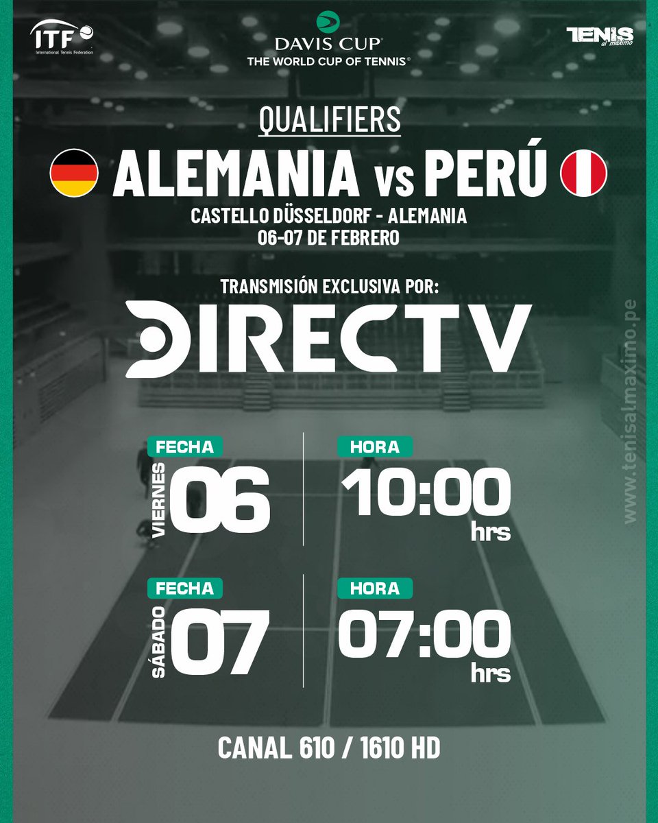 Tenisalmaximo's tweet photo. #ModoDavis 🇩🇪🇵🇪 | ¡Arranca la semana de Qualifiers!
Perú enfrentará a Alemania este 6 y 7 de febrero en Düsseldorf por la Copa Davis. El equipo nacional ya se encuentra en suelo alemán.
📺 TV: DIRECTV Sports (no señal abierta)
⏰ Horarios: ver flyer
¡Vamos Perú! 🎾🔥 https://t.co/dIffrf0YEM