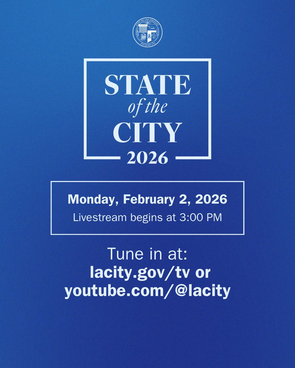 MayorOfLA's tweet image. Join us tomorrow at 3:00 PM as I deliver the State of the City address and speak to this moment for Los Angeles and the year ahead.

Watch live at lacity.gov/tv or youtube.com/@lacity