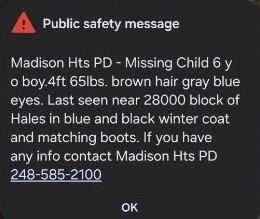 The Madison Heights Police Department is asking for the public's help in locating a missing 6-year-old boy.