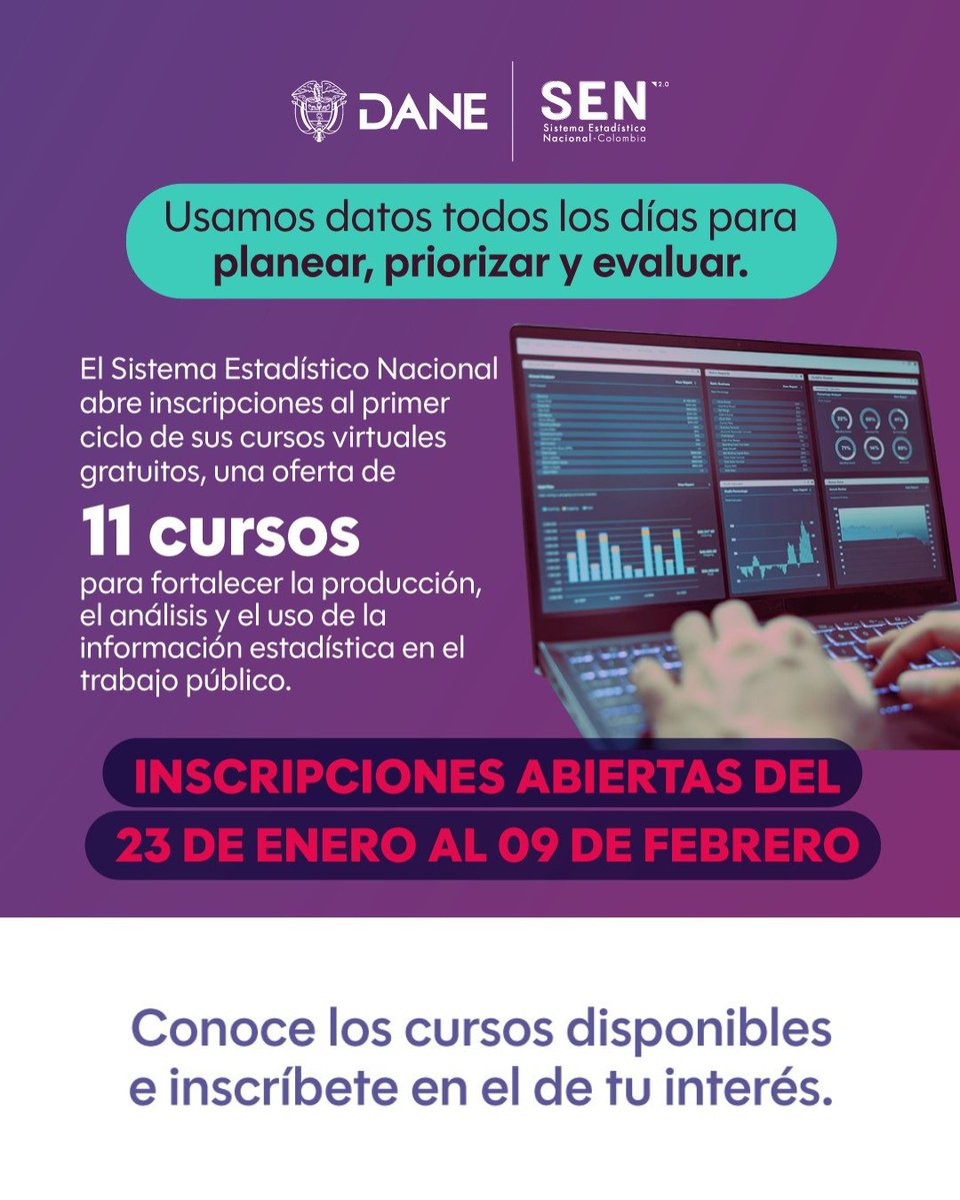 📈 Tomar mejores decisiones empieza por saber leer y usar los datos.
Desde el Sistema Estadístico Nacional  #SEN seguimos fortaleciendo las capacidades de quienes trabajan con información para la gestión pública.
🎓 Súmate a nuestra oferta de formación virtual y gratuita.
👉