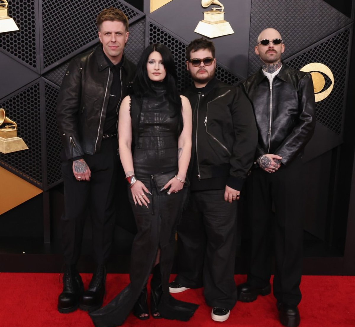 SOTSPodcast's tweet image. Spiritbox are the fucking moment in new photo from the 2026 Grammy Awards Red Carpet.