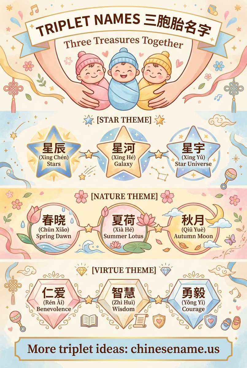 yangjerry666's tweet image. 3 Babies, 1 Story. 👶👶👶

Chinese triplet names aren't just matching sounds—they are beautiful, interconnected meanings that tell a story together.

Discover the perfect trio of names for your little treasures. ✨

Find the meaning: 🔗 chinesename.us

#ChineseNames