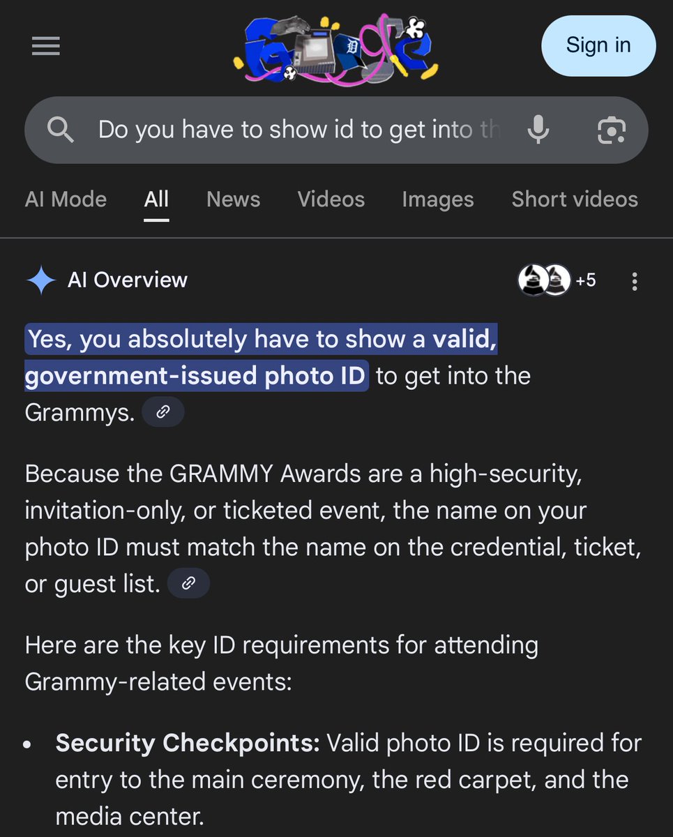I asked Google if you needed to show your id  to get into the Grammys…