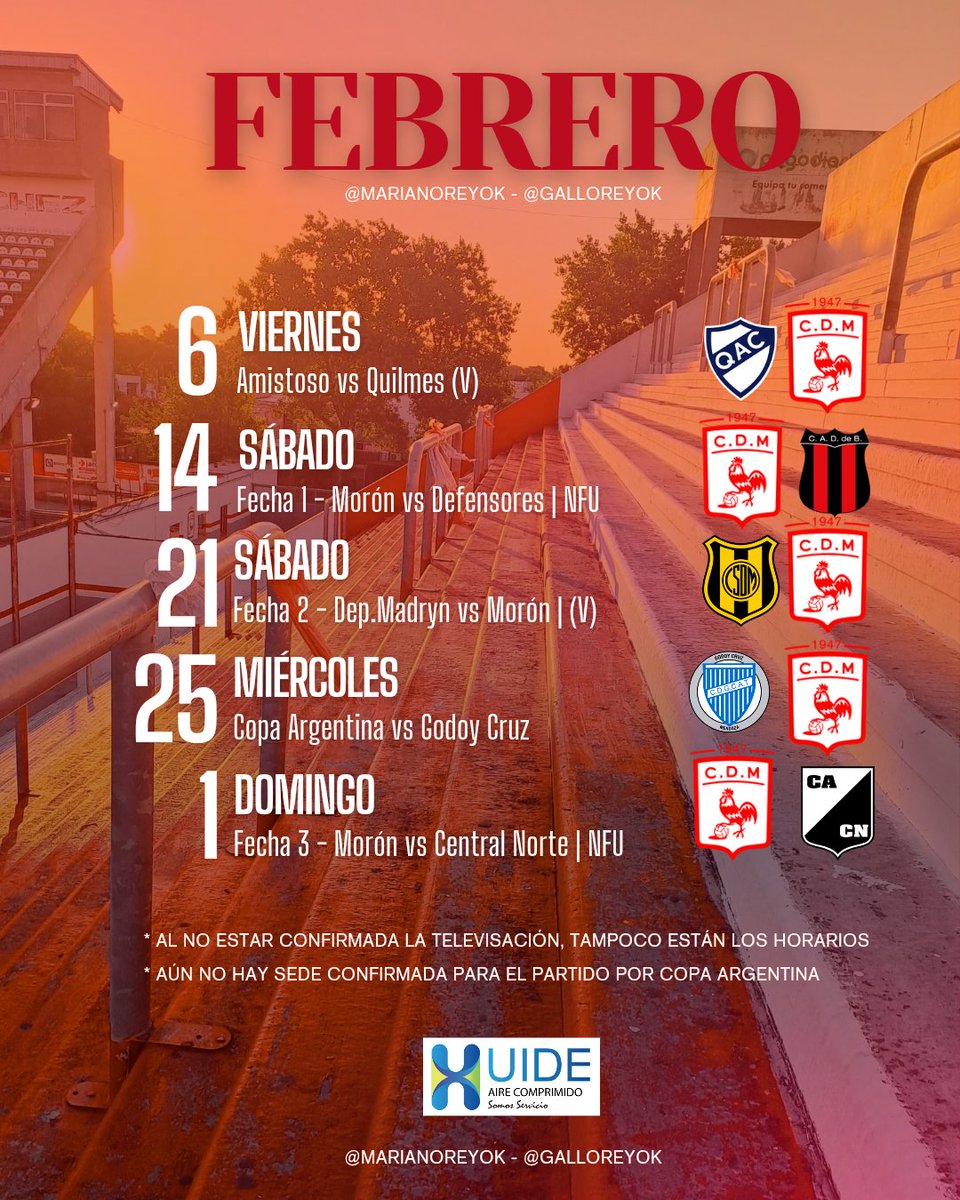 Llegó febrero y, en principio, así será este mes para #Morón.

⚠️ Al no tener definida la televisación de los partidos omitimos poner horarios, ya que pueden ser modificados.
