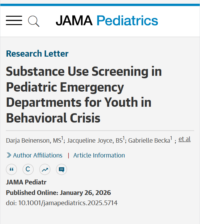 JAMAPediatrics's tweet photo. Standardized CRAFFT screening in pediatric EDs revealed high rates of substance use risk among youth in behavioral crisis, supporting referral protocols. 

https://t.co/XBE8EnPKJJ https://t.co/5aHFptQNlG