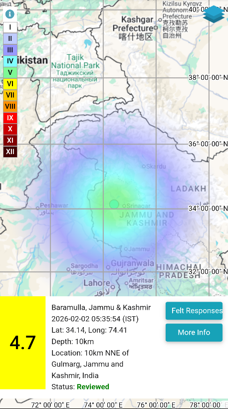 NCS_Earthquake's tweet photo. EQ of M: 4.7, On: 02/02/2026 05:35:54 IST, Lat: 34.14 N, Long: 74.41 E, Depth: 10 Km, Location: Baramulla, Jammu &amp; Kashmir. 
For more information Download the BhooKamp App 
https://t.co/5gCOtjdtw0 
@DrJitendraSingh 
@OfficeOfDrJS 
@Ravi_MoES  
@Dr_Mishra1966 
@ndmaindia https://t.co/hLBLkAf2DS