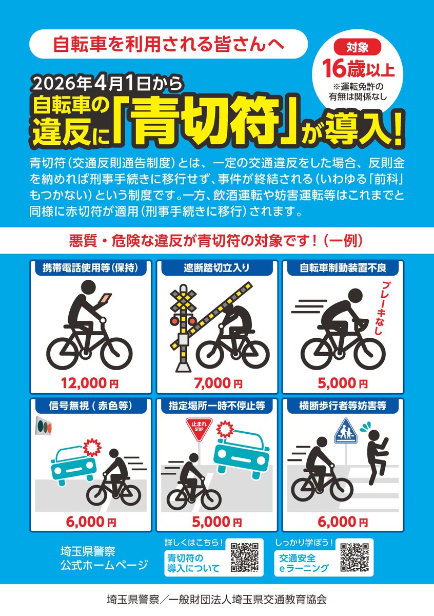 西入間警察署からのお知らせ】 令和8年4月から自転車の交通違反 西入間警察署からのお知らせ】 令和8年4月から自転車の交通違反