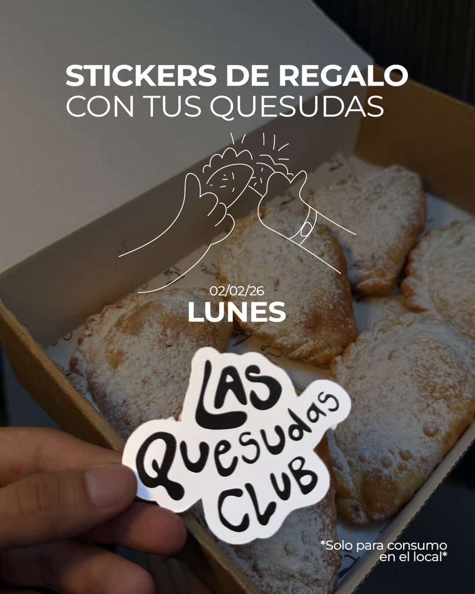 ¡Atención, Club! 📢 Este lunes arrancamos con nuestra primera dinámica especial.✨

Entregaremos los stickers oficiales de Las Quesudas por consumo de empanadas que realicen en el local. 🎁

📍En cualquiera de nuestras sucursales.

¡Vengan por su café y aseguren su sticker!