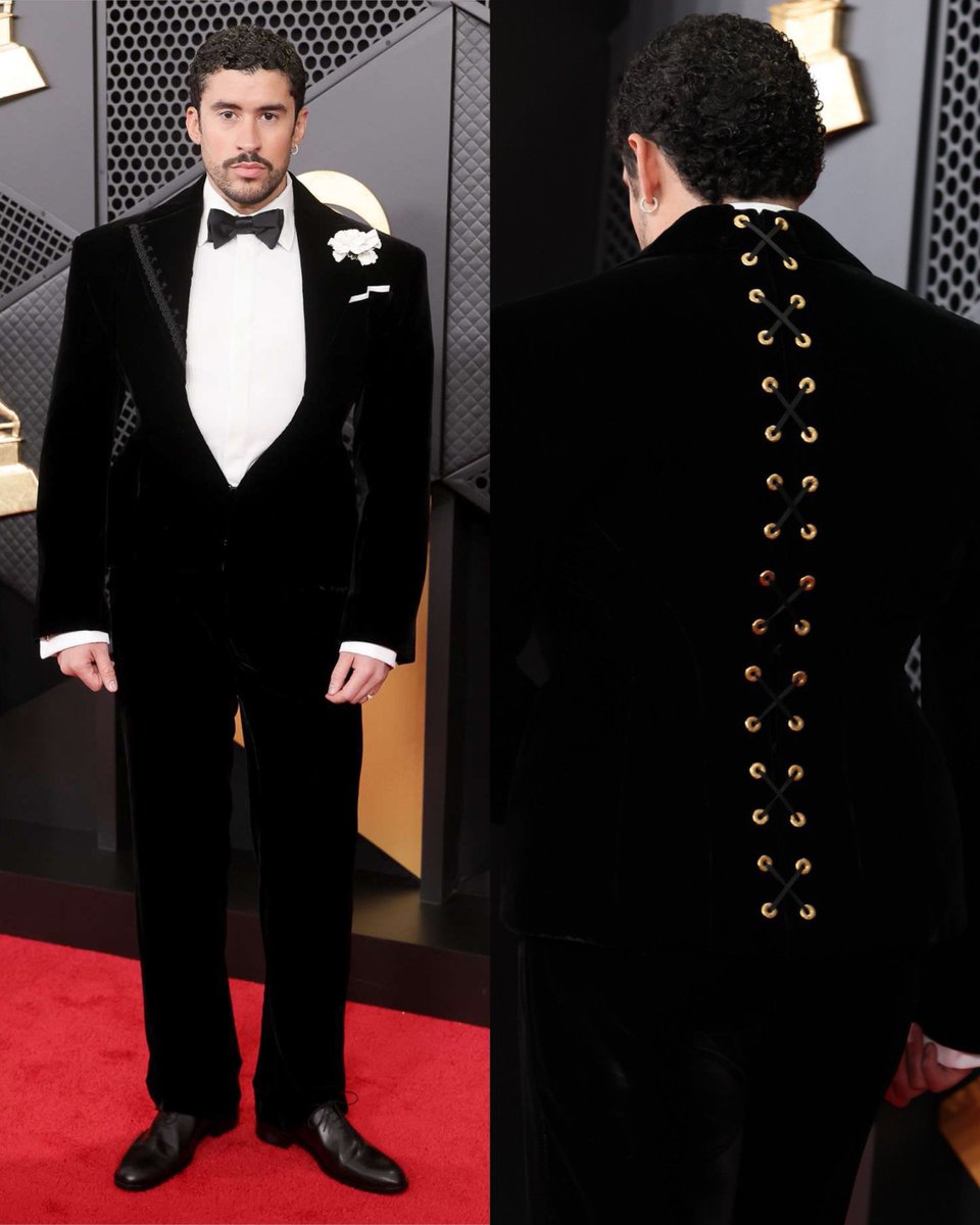 saintdoII's tweet image. just learned that bad bunny is in fact wearing custom schiaparelli, marking the house’s first-ever menswear piece