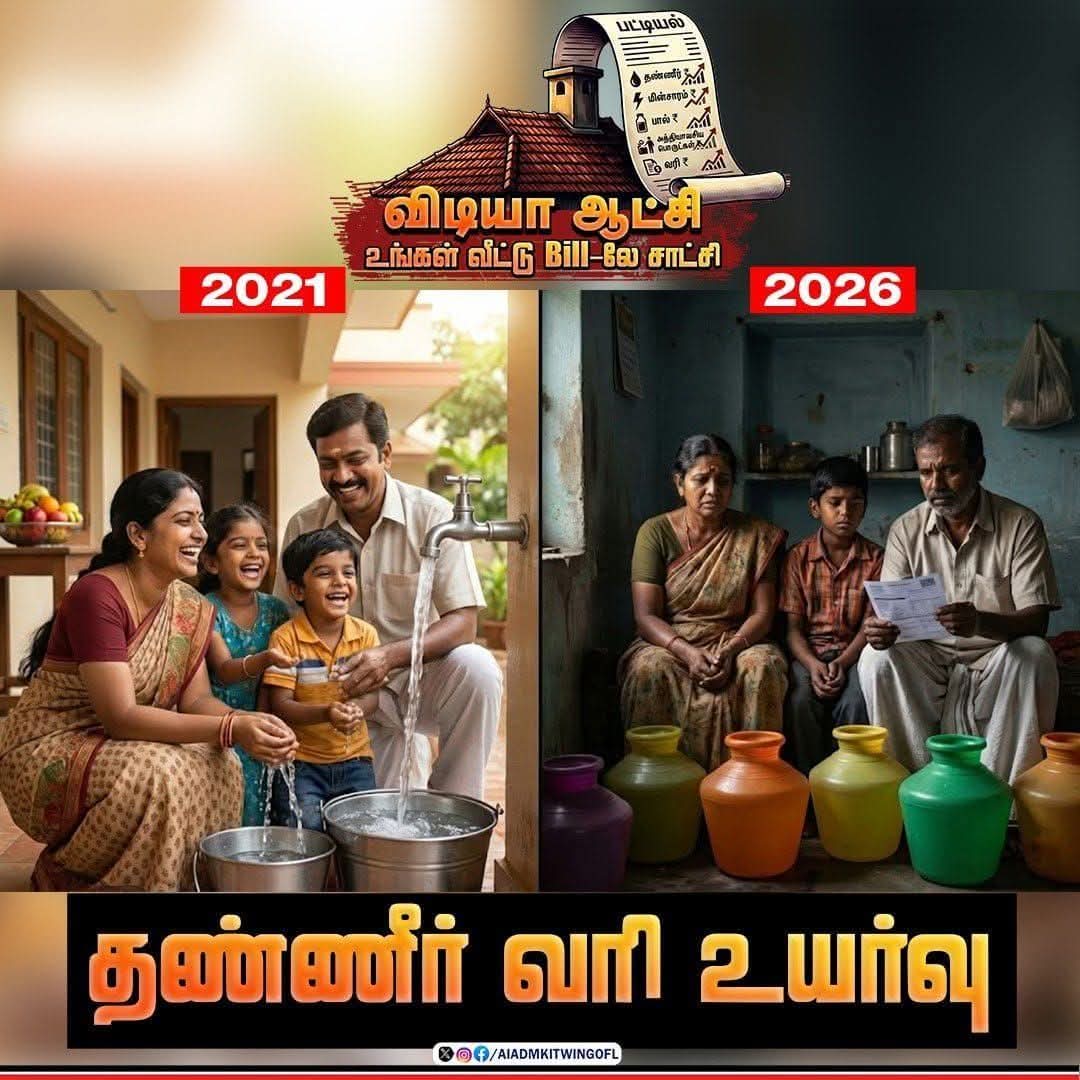 “விடியா ஆட்சி - உங்கள் வீட்டு Bill-லே சாட்சி'"

அடிப்படைத் தேவைகளில் ஒன்றான குடிநீரின், வரியையும் உயர்த்தி தமிழக மக்களை தவிக்க விட்ட விடியா திமுக அரசு!! 

#விடியாஆட்சி_வீட்டுBillலே_சாட்சி
#ADMK_ERD