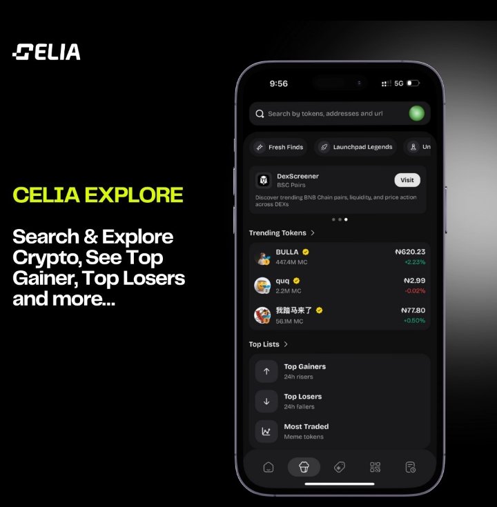 CELIA EXPLORE 🔎
Search &amp; Explore Crypto and import to your wallet, See Top Gainers, Top Losers and more…