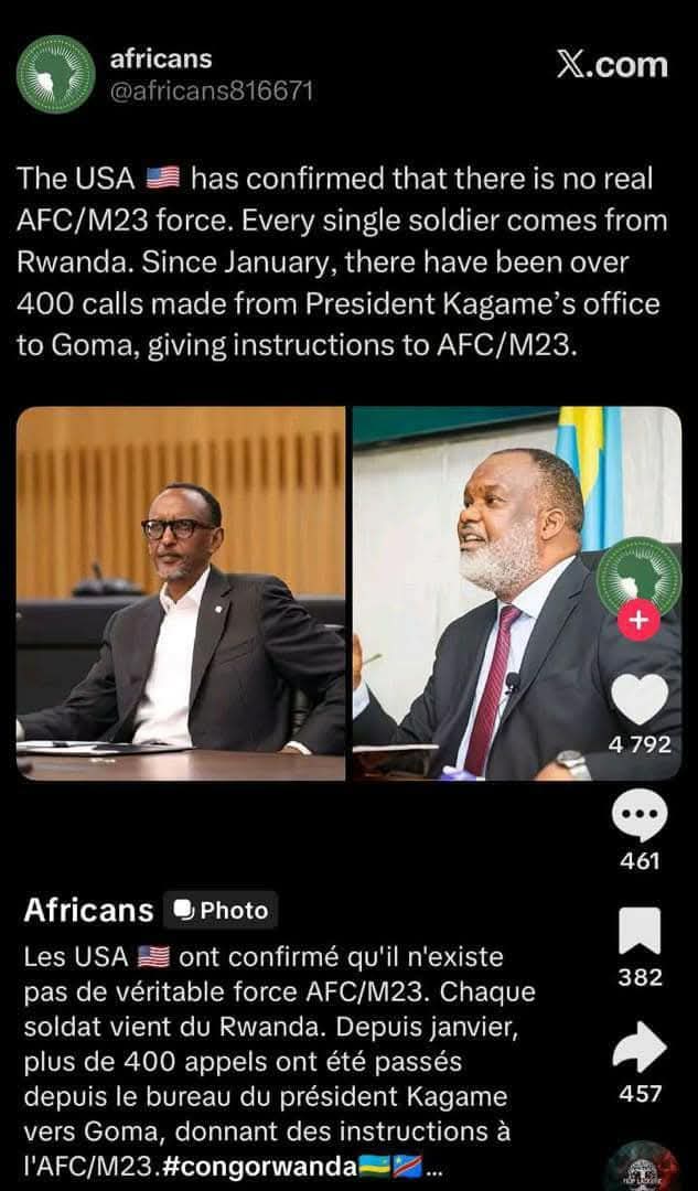 Lutonadio_Mamb's tweet photo. Les USA ont confirmé qu'il n'existe pas de véritable force AFC/M23. Chaque soldat vient du Rwanda. 
Depuis janvier, plus de 400 appels ont été passés depuis le bureau du président Kagame vers Goma, donnant des instructions à l'AFC/M23. https://t.co/433nvsi1tm
