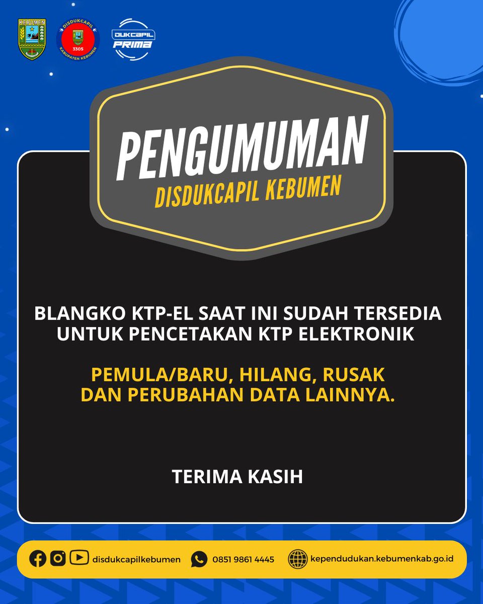 Hallo Sobat Dukcapil...

Kami informasikan bahwa blangko KTP-el saat ini sudah tersedia untuk pencetakan KTP Elektronik bagi KTP Pemula/Baru, Hilang, Rusak dan Perubahan Data Lainnya. 

Terima kasih !