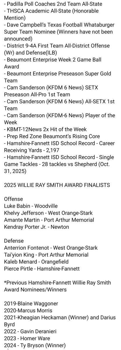 HFISD_Longhorns's tweet photo. π¨IT'S OFFICIALπ¨
Please join us in congratulating Senior Linebacker Pierce Pirtle on being named a defensive finalist for the Willie Ray Smith
Award!
*Additional information including Pierce's 2025 accomplishments is pictured below.
#WeAreHFISD #HornsUp #txhsfb #409Sports https://t.co/S28u5NTIjm