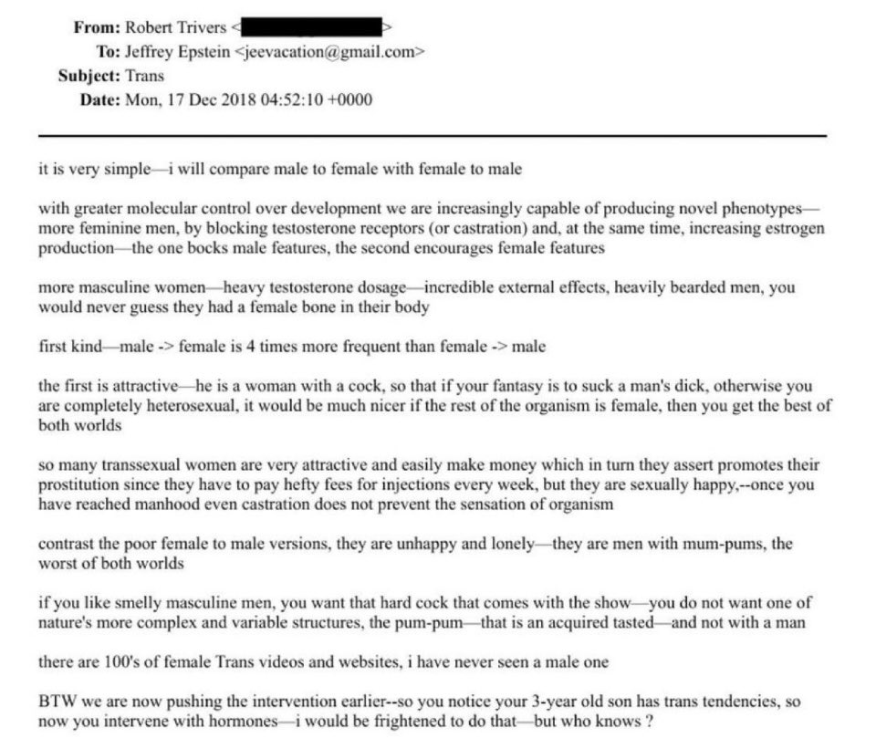 🔥 BREAKING 🔥

Robert Trivers, a Jewish biologist spoke with Epstein about feminising men &amp; transition children as young as 3 years old in the West in 2018. 

“With greater molecular control over development we are increasingly capable of producing novel phenotypes-more feminine