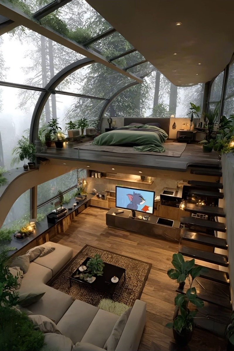 HOUSEPORN___'s tweet photo. Cozy glass-walled forest cabin loft https://t.co/Yme7aldl7h