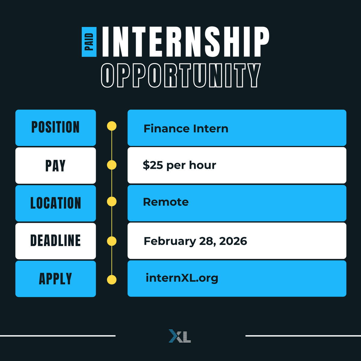 theinternxl's tweet photo. One of our partners is seeking a Finance Intern to join their team and gain hands-on experience in the finance industry.

Details:
💻 Location: Remote
💰 Pay: $25/hour
🫱🏼‍🫲🏽 Hands-on experience in the finance industry
⏰ Deadline: February 28, 2026

📲Visit https://t.co/14o6MSPJv1! https://t.co/ykJ3AiNNwj
