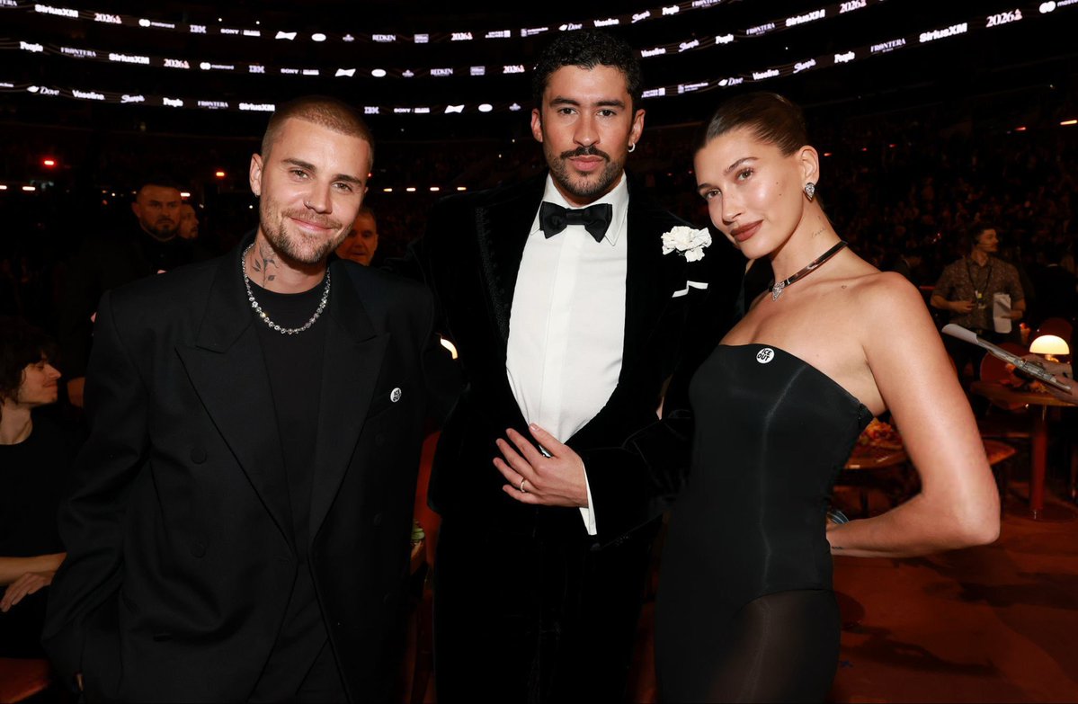 Bad Bunny with Justin Bieber and Hailey Bieber tonight at the #GRAMMYs.