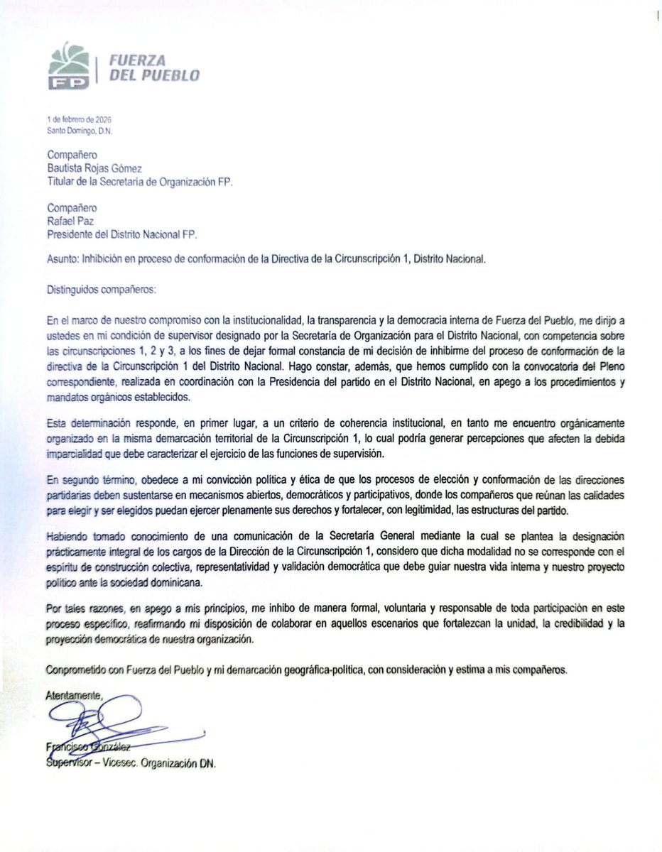 Atención Carta de Francisco González , al parecer las cosas no andan bien. <a href="/FPcomunica/">@Fuerza del Pueblo (FP)</a> <a href="/rafaelpazRD/">Rafa Paz</a>