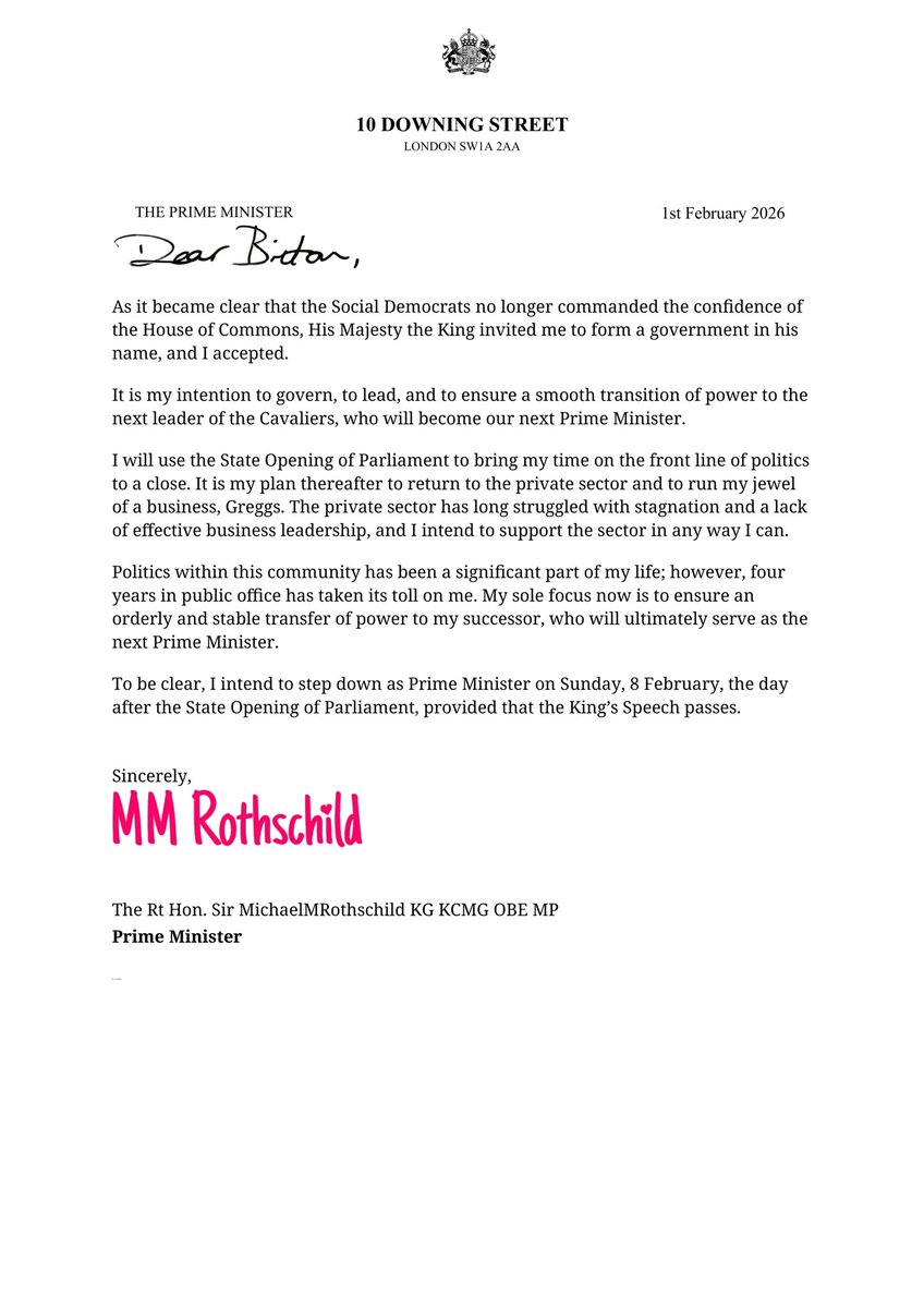 His Majesty the King invited me to for a government and I accepted.

Over the week we will see the smooth transfer of power to the next generation of public servants, and I am proud to be the one to hand over the reigns. 

Thank you Nationals for being a part of this.
