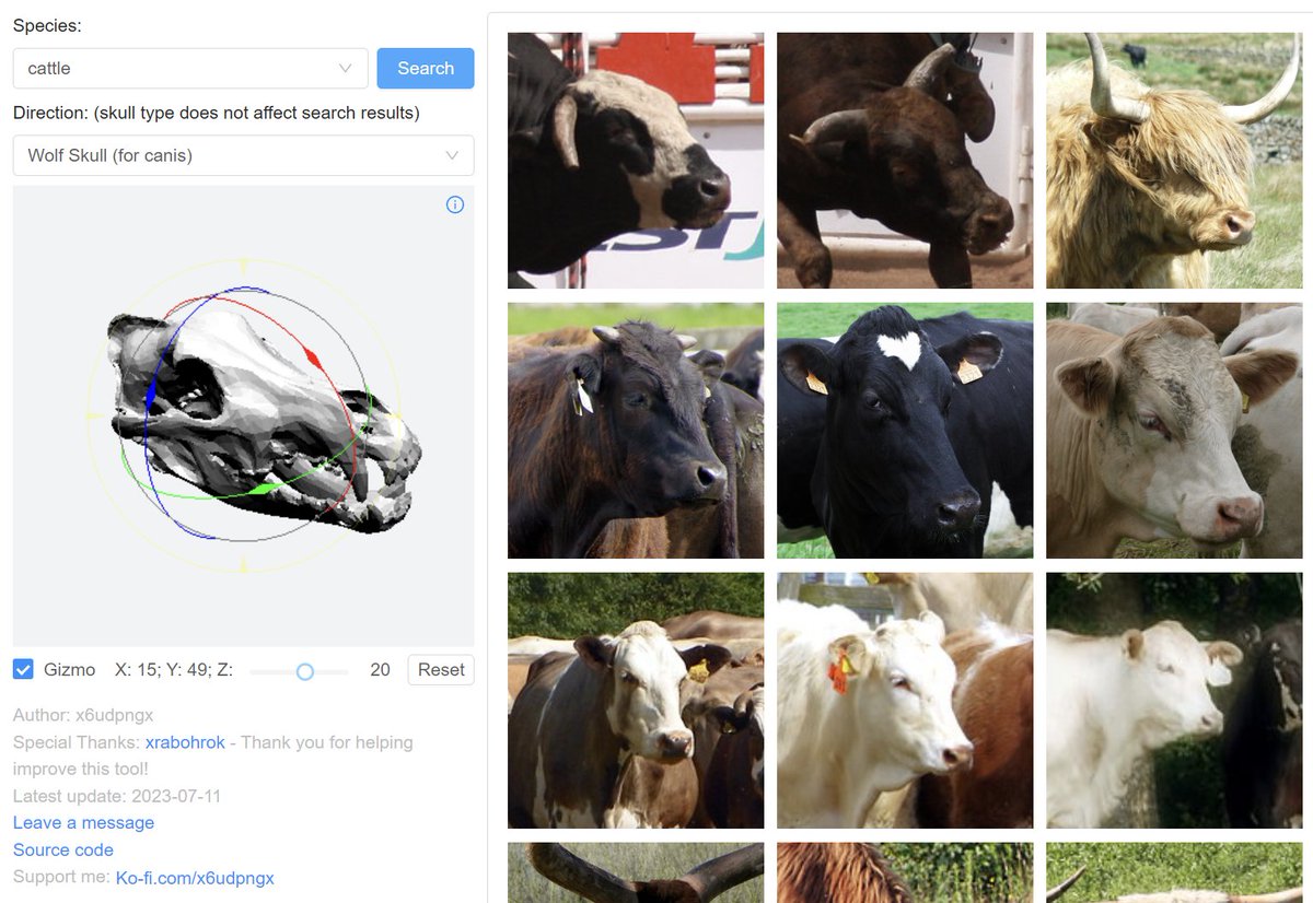 원하는 동물의 원하는 각도 얼굴 사진을 찾아주는 웹사이트!
왼쪽에 있는 3D 모델을 원하는 각도로 만든 후 검색을 누르면 오른쪽에 사진이 뜨는 방식으로 작동합니다. 새, 고양이, 개 뿐만 아니라 오소리, 악어, 범고래, 도마뱀 등 다양한 종을 선택할 수 있습니다! 

x6ud.github.io/#/