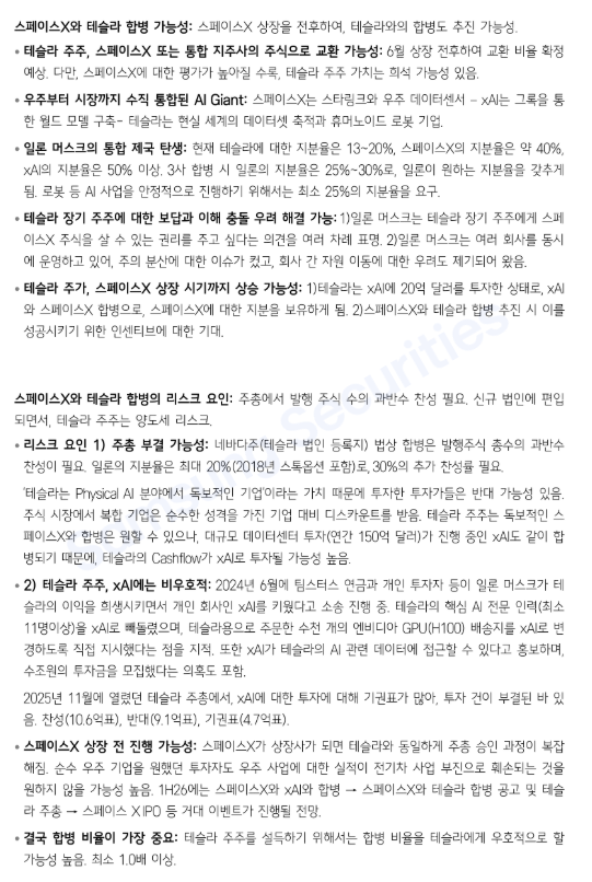 model_x_tesla's tweet photo. 최근 화제가 되고있는
테슬라 홀딩스 관련 삼성증권의 리포트 참조

[테슬라(TSLA US) - 일론 제국의 입장권이 될 가능성] 

- 6월에 스페이스X 상장을 앞두고, 스페이스X와 xAI의 합병 가능성 제기. 이후 스페이스X 주식과 테슬라도 합병 추진 가능성. 

- 두 가지가 모두 성사되면, 1) 일론은 통합 제국의 지분율 25% 이상 보유 가능, 2)테슬라 주식은 스페이스X로 교환 가능성, 3)각 회사 간 이해 충돌 우려 해소 가능. 

- 스페이스X와 xAI의 합병과 스페이스X상장은 테슬라의 주가에 긍정적, 반면 스페이스X와 테슬라와의 합병 가능성은 합병 비율에 따라 평가가 달라질 전망.