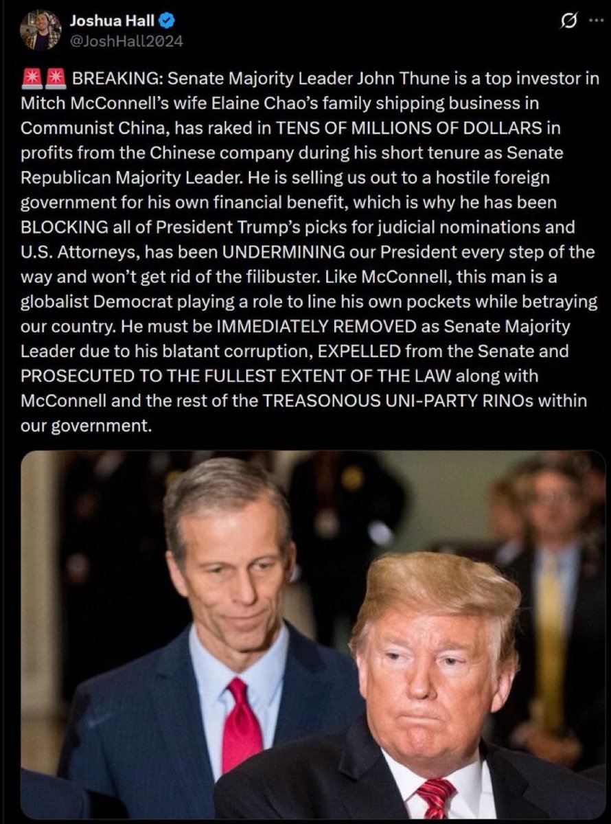 MsAvaArmstrong's tweet image. Now that we know Thune is the enemy, he either steps down or we will force him out.
Shame on ⁦@LeaderJohnThune⁩ 
I had hoped he cared for USA more than his own ego.  Impeach Thune and get a REAL leader for the Senate.