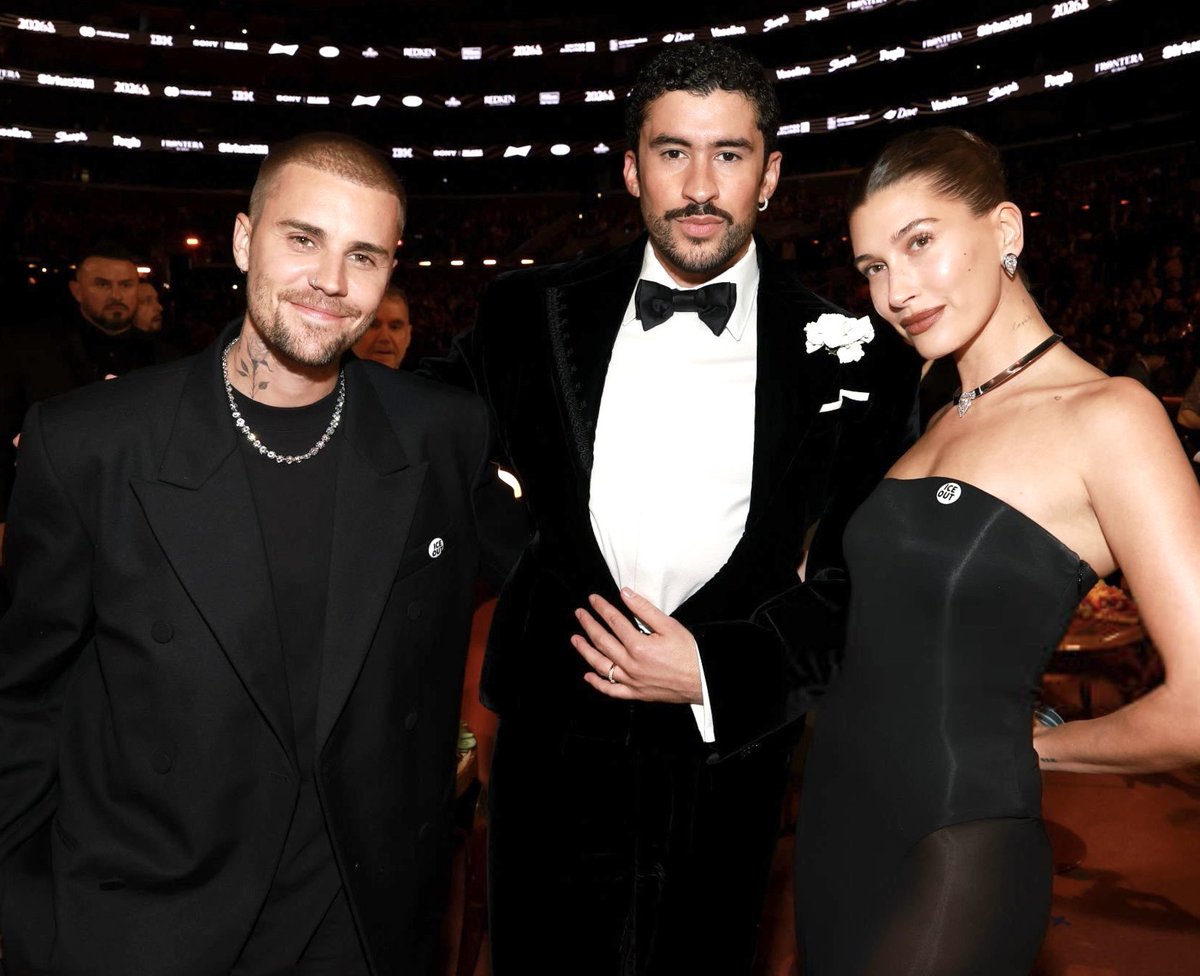 thebestpicsof's tweet photo. Bad bunny shares a moment with Justin and Hailey Bieber at #GRAMMYs2026 https://t.co/AukVjyhIHL