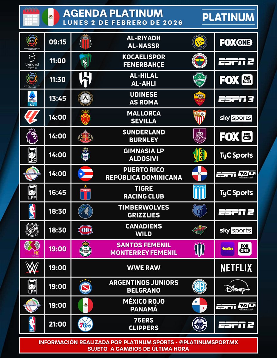 ¡PRIMER LUNES DEL MES!

🇲🇽 #AgendaPLATINUM
🗓️ Lunes 2 de Febrero de 2026

⏰📺 Horarios y transmisiones para México.
⚠️ Sujeto a cambios.