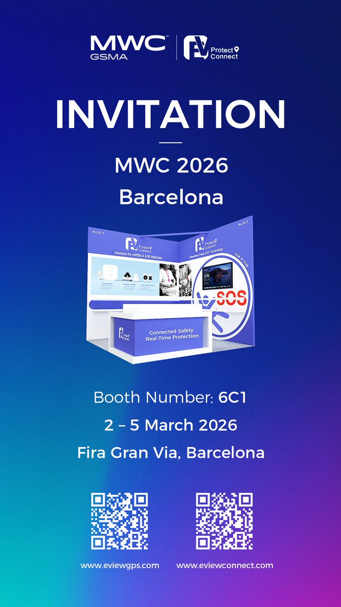 eviewgps's tweet photo. 📢 Revolutionizing Personal Safety: Meet Eview at MWC Barcelona 2026!

Booth Number: 6C1
Dates: 2-5 March 2026
Venue: Fira Gran Via, Barcelona

Nos vemos en MWC 2026!
#MWC2026 #IoT #EviewConnect #PersonalSafety #SmartHealthcare #MWCBarcelona #InHomeSafetyHub #TechInnovation https://t.co/yC7rQCLbvr
