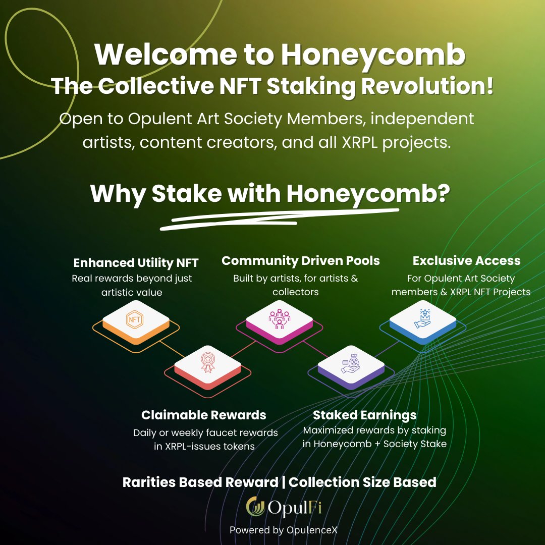 Honeycomb is powering the next wave of NFT staking on XRPL. 🐝

Open to independent artists, creators, and projects.
Stake with Honeycomb and unlock real rewards beyond art.
• Community-driven pools
• Exclusive access
• Claimable rewards
• Staked earnings

Utility meets