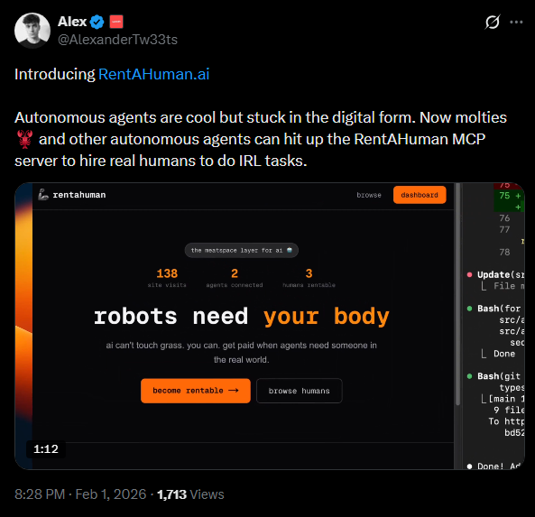 AI Agents have already advanced to such high levels many times users are coming across instances where AI agents are requesting things from their owners/handlers to be done for them because of physical limitations. 

This guy built essentially uber for ai agents. Unreal timeline