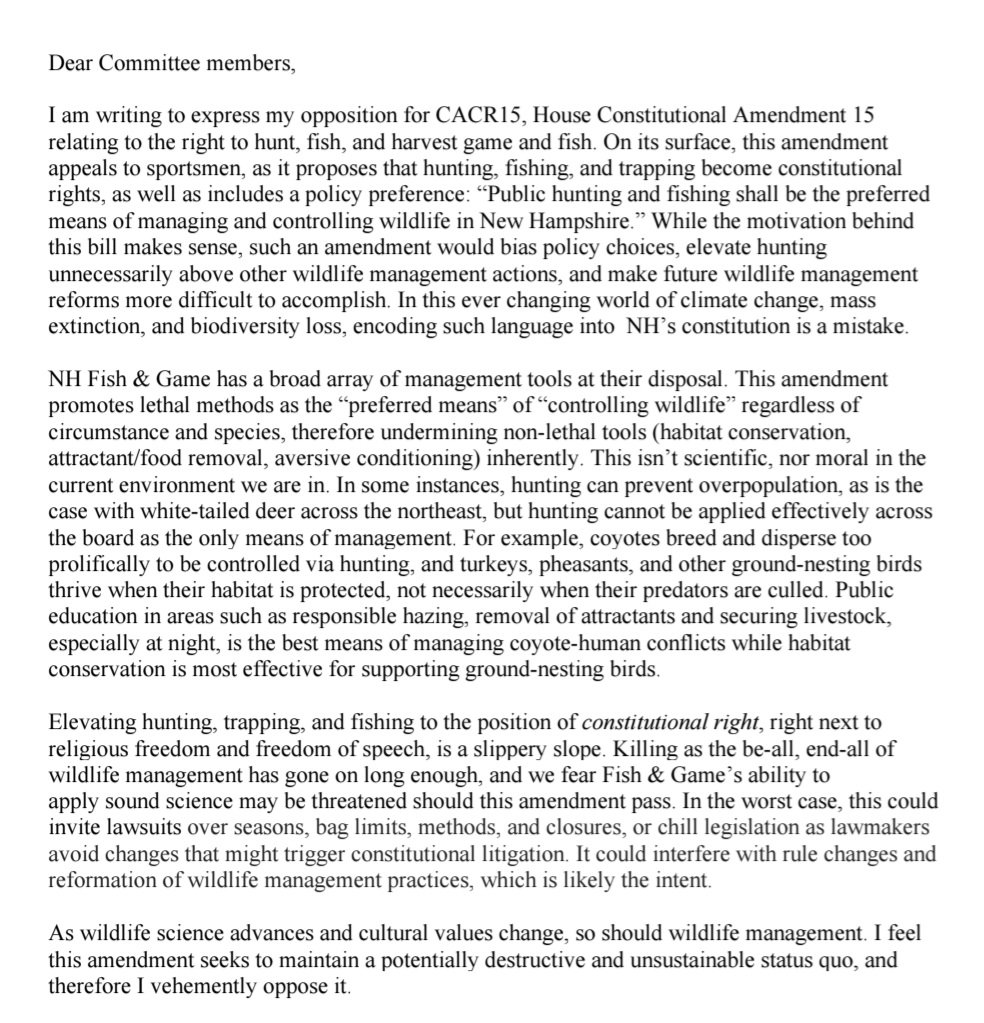 before anyone supports CACR15,
read it
gc.nh.gov/bill_status/bi…

slid into "c) Preserve the future of hunting and fishing" is 
🚩 "Public hunting and fishing shall be the preferred means of managing and controlling wildlife in New Hampshire"

I won't support unless that is removed