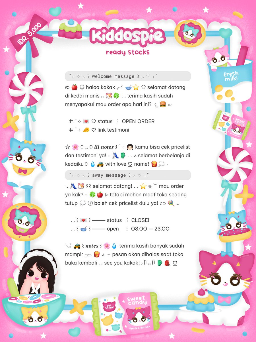 kiddospie's tweet image. ⠀
⸝⸝ ꕤ  𓈄 𓈒  help rt? thank you! ☘️

💭  ☆̲ ◞ₓ˚ 🥣 PROMO SPECIAL 2.2!  𓏲 ﾟ。。𖢷 sherina bawain wording welcome &amp;amp; away message ready stOck! 🧁🌸 ⊂⊃ dengan harga ◎ IDR. 5.000 only ៶៲៸ ⓘ 👛 dm me or reply if you want! ✋🏻 𖠗 ៸ 🍭🎀 

៸៸ 💌 യ #zonauang #zonaba ꒱