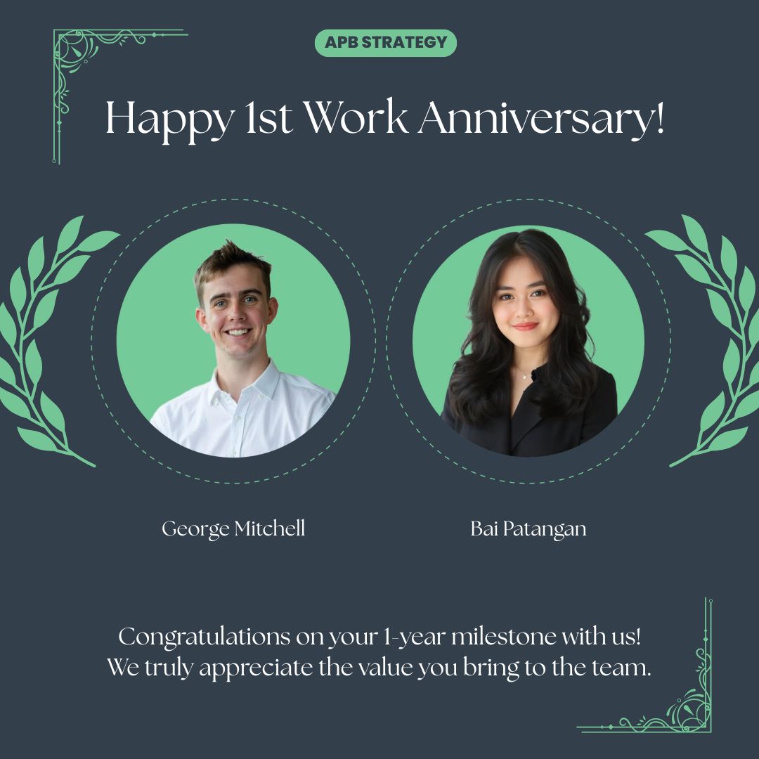 APBStrategy's tweet image. Celebrating 1 year with APB Strategy for George and Bai Patangan 🎉

Thank you for being such an important part of our journey this past year. Your consistency, teamwork, and dedication have made a real impact behind the scenes and in everything we do as a team! 👏
