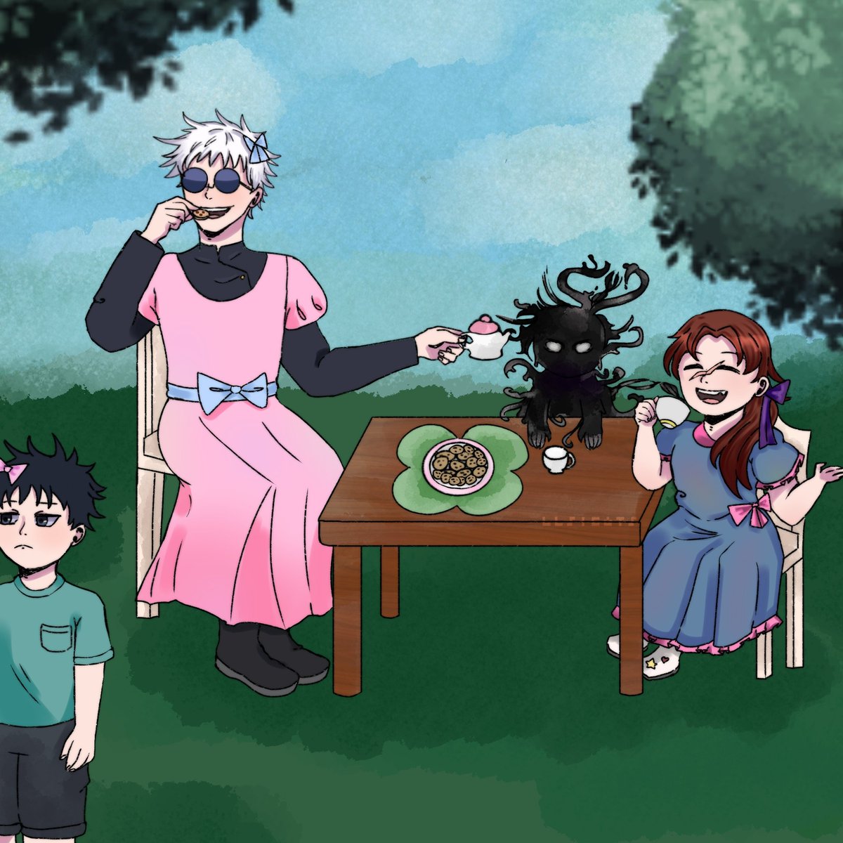 llsiCats's tweet photo. Gojo having tea with his adopted daughter!  (Tsumiki went to take a bath)

#JujutsuKaisen #ocart https://t.co/KVkLe7n8Io