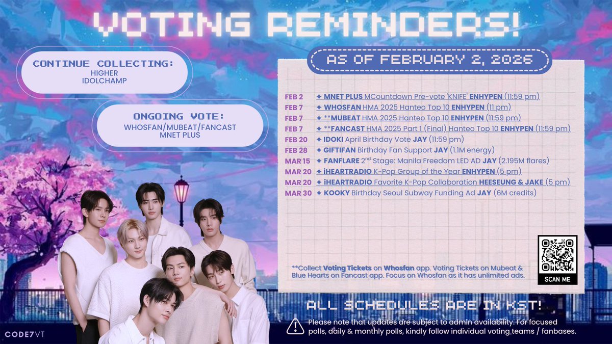 [260202] VOTING REMINDER (KST) 

📌 VOTE 'KNIFE on MNET PLUS MCountdown Pre-vote (ends 11:59 PM): mnetplus.onelink.me/TRa8/xohkwx0b?…
‼️ Stream 'KNIFE' MV : youtu.be/R6e4tBWxIxE
—Follow Individual &amp; Group Voting Teams for updates
—Kindly inform for any missed focused votings

#ENHYPEN