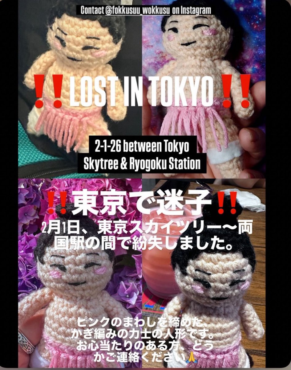お友達が大切にしている 編みぐるみのお人形を東京でなくしてしまいました😢

2/1(日)
東京スカイツリー 〜 両国駅 周辺

ピンクのまわしを締めた、かぎ編みの小さなお人形です。
もし見かけた方・保護してくださっている方がいましたら、ご連絡いただけると助かります🙏
拡散のご協力もお願いします😢