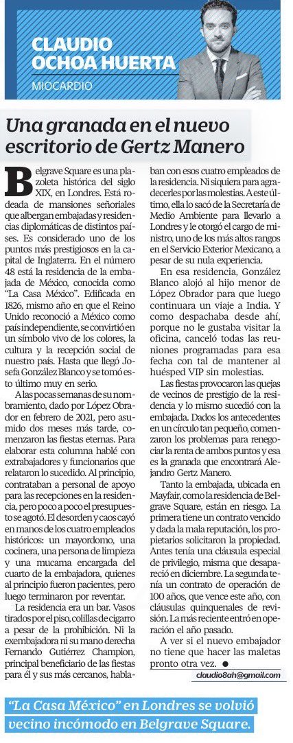 Cómo habrán estado las fiestas y el desorden de Josefa González Blanco en la residencia y en la embajada en Londres, que los dueños ya no quieren rentarle al gobierno de México.

Con ese problemita llega Gertz Manero a Inglaterra. Es mi columna para <a href="/El_Universal_Mx/">El Universal</a>.
