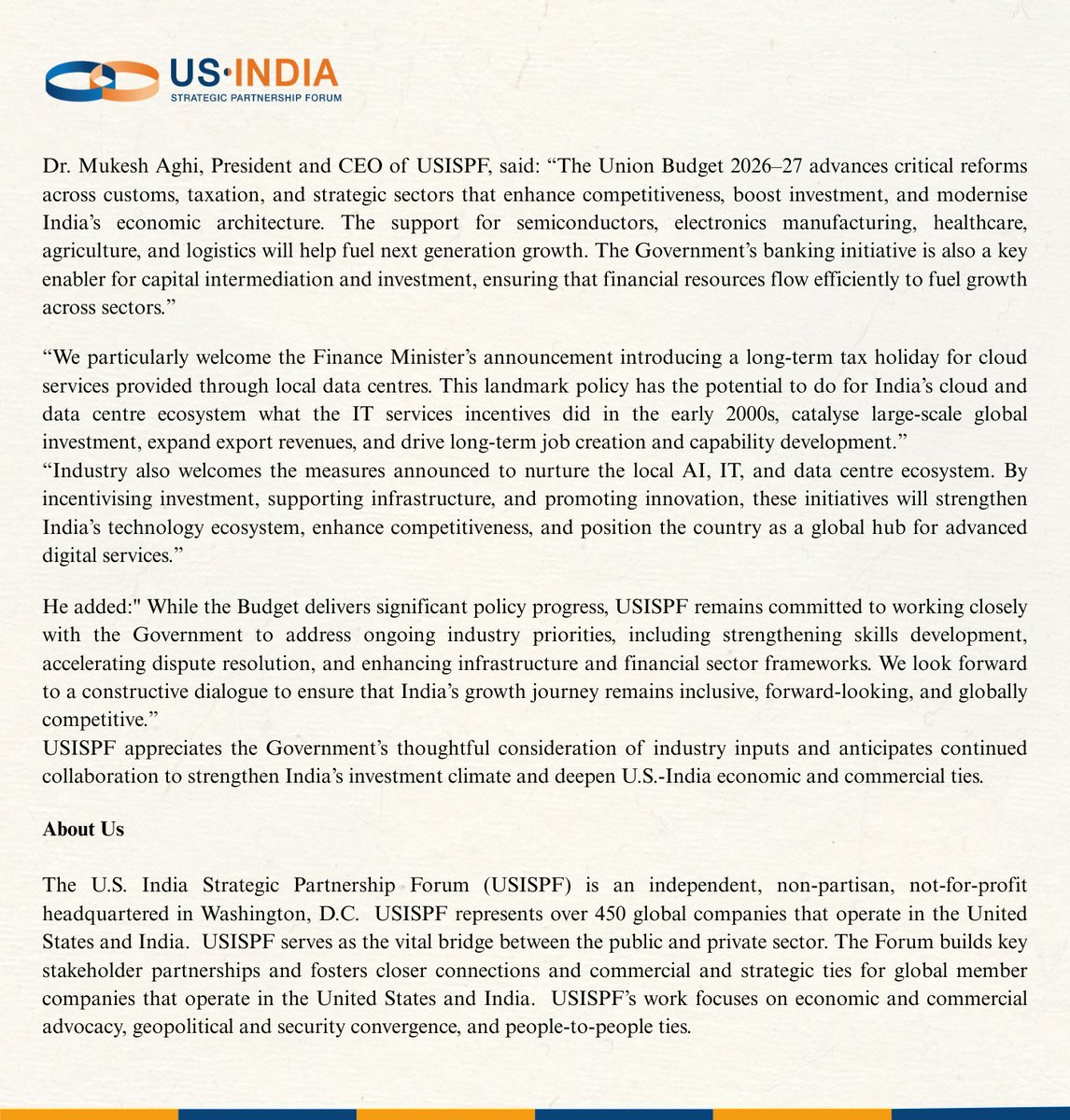 airnewsalerts's tweet photo. ▪️The US-India Strategic Partnership Forum (#USISPF) welcomes the #UnionBudget, calling it a progressive and comprehensive roadmap to boost India’s competitiveness, investment and ease of doing business. 

▪️It says the focus on trade facilitation, customs modernisation, tariff rationalisation, banking reforms and strategic sectors strengthens India’s position as a global investment destination.

@nsitharaman | @USISPForum | @FinMinIndia #BudgetForViksitBharat | #ViksitBharatBudget | #Budget2026Akashvani | #Budget2026 | #UnionBudget2026