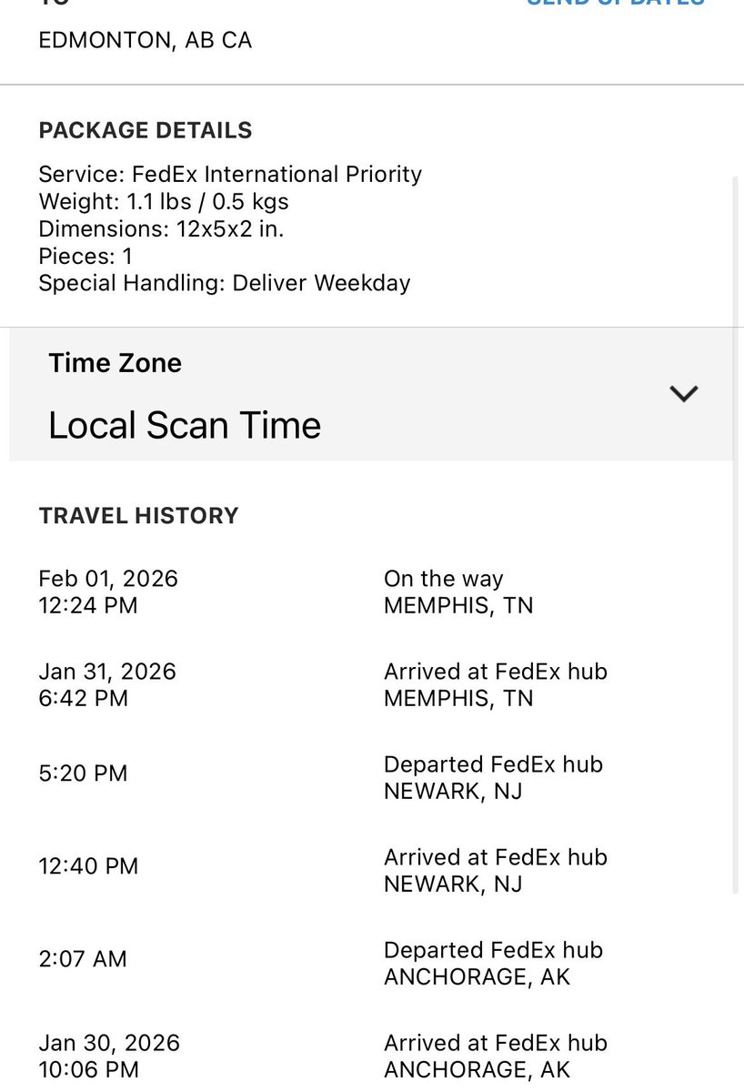 EKenqrab's tweet photo. @FedExHelp  care to explain why a Canadian bound package is went to New Jersey… let alone Memphis? It traveled past its destination to get there? ARE YOU OKAY? https://t.co/elXOfACaFy